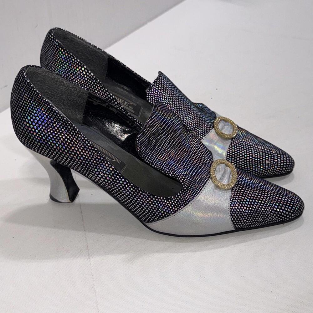 Vintage J. Reneé Black Silver Speckled Leather Slip On Closed Toe Heels 8N READ!